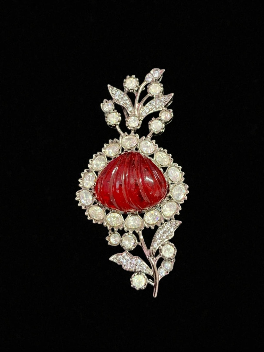 Royal Red Coral & Diamond Sherwani Brooch (Bandhgala Lapel Pin)